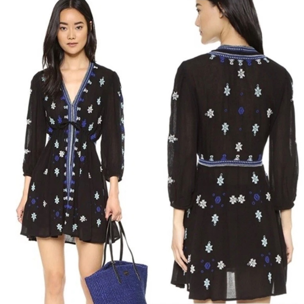 Free People Black Star Gazer Embroidered Mini Swing Dress Size XS Boho Festival